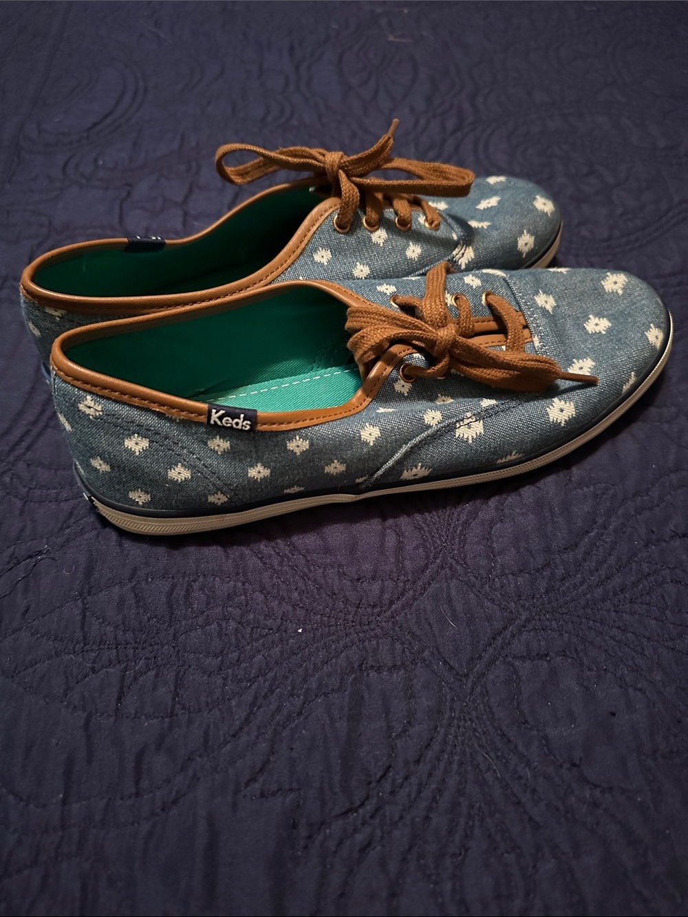 Keds Denim Blue Patterned Canvas Sneakers with Brown Trim - Picture 1 of 1